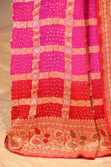 Rani Pink & Scarlet Bandhani Silk Saree with Gharchola & Peacock Pallu