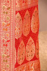 Rani Pink & Scarlet Bandhani Silk Saree with Gharchola & Peacock Pallu