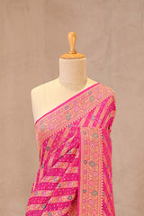 Rani Pink Geometrical Bandhej Silk Saree with Floral Zari Border & Pallu