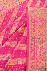Rani Pink Geometrical Bandhej Silk Saree with Floral Zari Border & Pallu