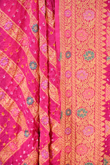 Rani Pink Geometrical Bandhej Silk Saree with Floral Zari Border & Pallu