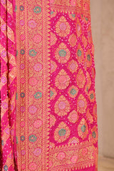 Rani Pink Geometrical Bandhej Silk Saree with Floral Zari Border & Pallu