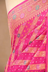 Rani Pink Geometrical Bandhej Silk Saree with Floral Zari Border & Pallu