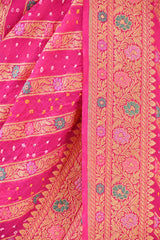 Rani Pink Geometrical Bandhej Silk Saree with Floral Zari Border & Pallu