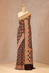 Brown Bandhej georgette khaddi silk saree with gold zari checks, Bandhani motifs and meenakari floral pallu