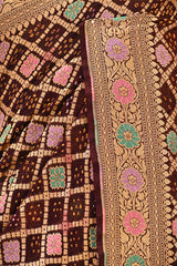 Brown Bandhej Silk Saree with Meenakari Zari Checks & Floral Pallu