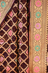 Brown Bandhej Silk Saree with Meenakari Zari Checks & Floral Pallu