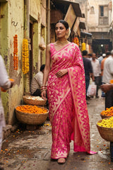 Pink Banarasi Georgette Khaddi Silk Saree with Gold Zari Floral Jaal