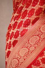 Red Georgette Khaddi Saree with Bandhani and Gold Zari Weaving