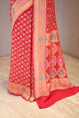 Red Georgette Khaddi Saree with Bandhani Meenakari Detailing