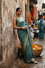 Sky Blue Georgette Khaddi Saree with Shaded Bandhani Zari