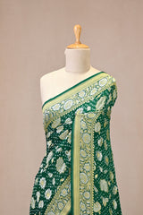 Bottle Green Georgette Khaddi Saree with Bandhani & Zari Butas