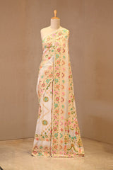 Off White Georgette Khaddi Saree with Zari & Resham Weaving