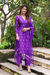 Women In Purple Handwoven Banarasi Silk Suit Set At Chinaya Banaras