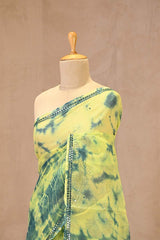 Light Green Kota Doria Saree with Shibori Prints & Mirror Work