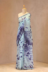 Blue Kota Doria Saree with Shibori Prints and Mirror Work Detailing