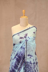Light Blue Kota Doria Saree with Shibori Prints & Mirror Work