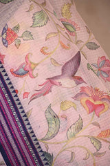 Pastel Pink Kota Doria Saree with Floral Bird Print and Purple Border