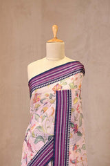 Pastel Pink Kota Doria Saree with Floral Bird Print and Purple Border