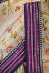 Sage Green Kota Doria Saree with Floral Bird Print and Purple Border