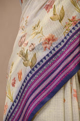 Sage Green Kota Doria Saree with Floral Bird Print and Purple Border