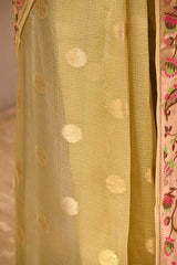 Olive Green Paithani Inspired Katan Kota Saree with Gold Zari Checks