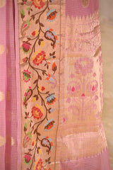 Pink Paithani Inspired Katan Kota Saree with Gold Zari Checks