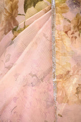 Baby Pink Kota Doria Saree with Floral Butterfly Print and Lace Border