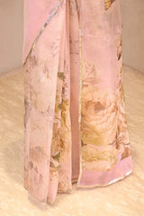 Baby Pink Kota Doria Saree with Floral Butterfly Print and Lace Border