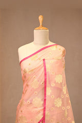Peach Kota Cotton Saree with Gold Zari Floral Buta