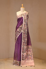 Wine Kota Doria Saree with Bandhani Buta and Baluchari Prints
