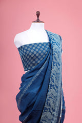 Navy Blue Floral Printed Linen Saree