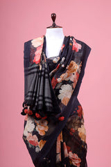 Black Floral Printed Linen Saree