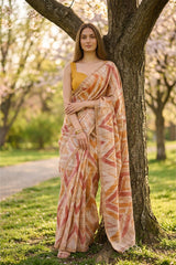 Mustard Yellow & Red Block Printed Pure Linen Saree