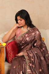Cocoa Brown Linen Silk Saree with Resham Woven Marine Motifs