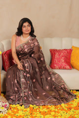 Cocoa Brown Linen Silk Saree with Resham Woven Marine Motifs