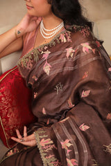 Cocoa Brown Linen Silk Saree with Resham Woven Marine Motifs