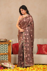 Cocoa Brown Linen Silk Saree with Resham Woven Marine Motifs