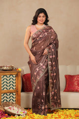 Cocoa Brown Linen Silk Saree with Resham Woven Marine Motifs