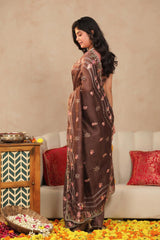 Cocoa Brown Linen Silk Saree with Resham Woven Marine Motifs
