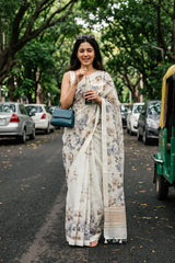 Aqua Blue Linen Saree with Digital Floral Prints