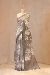 Grey Linen Saree with Digital Floral Print