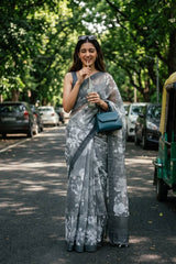 Grey Linen Saree with Digital Floral Print