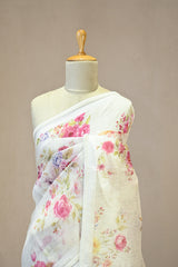 Ivory Linen Saree with Digital Floral Vine Print & Pearl Lace