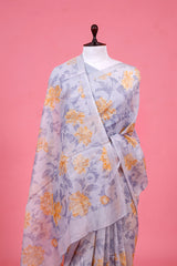 Ice Blue Mulmul Cotton Saree With Floral Prints