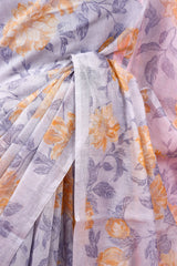 Ice Blue Mulmul Cotton Saree With Floral Prints