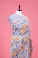 Ice Blue Mulmul Cotton Saree With Floral Prints