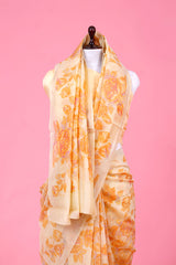 Light Yellow Floral Printed Mulmul Cotton Saree