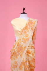Light Yellow Floral Printed Mulmul Cotton Saree