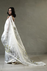 Snow White Organza Silk Saree with Floral Prints And Scalloped Border